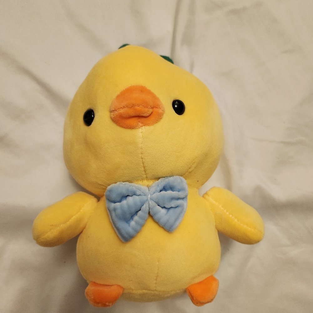 Yellow Plush Duck Toy with Blue Bow